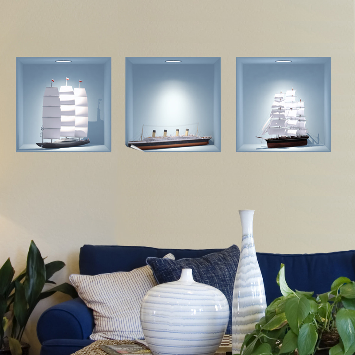 Stickers muraux 3D | Sticker Mural Autocollant effet 3D Titanic et voiliers - Stickers adhésifs 3D Chambre Salon Trompe l'oeil