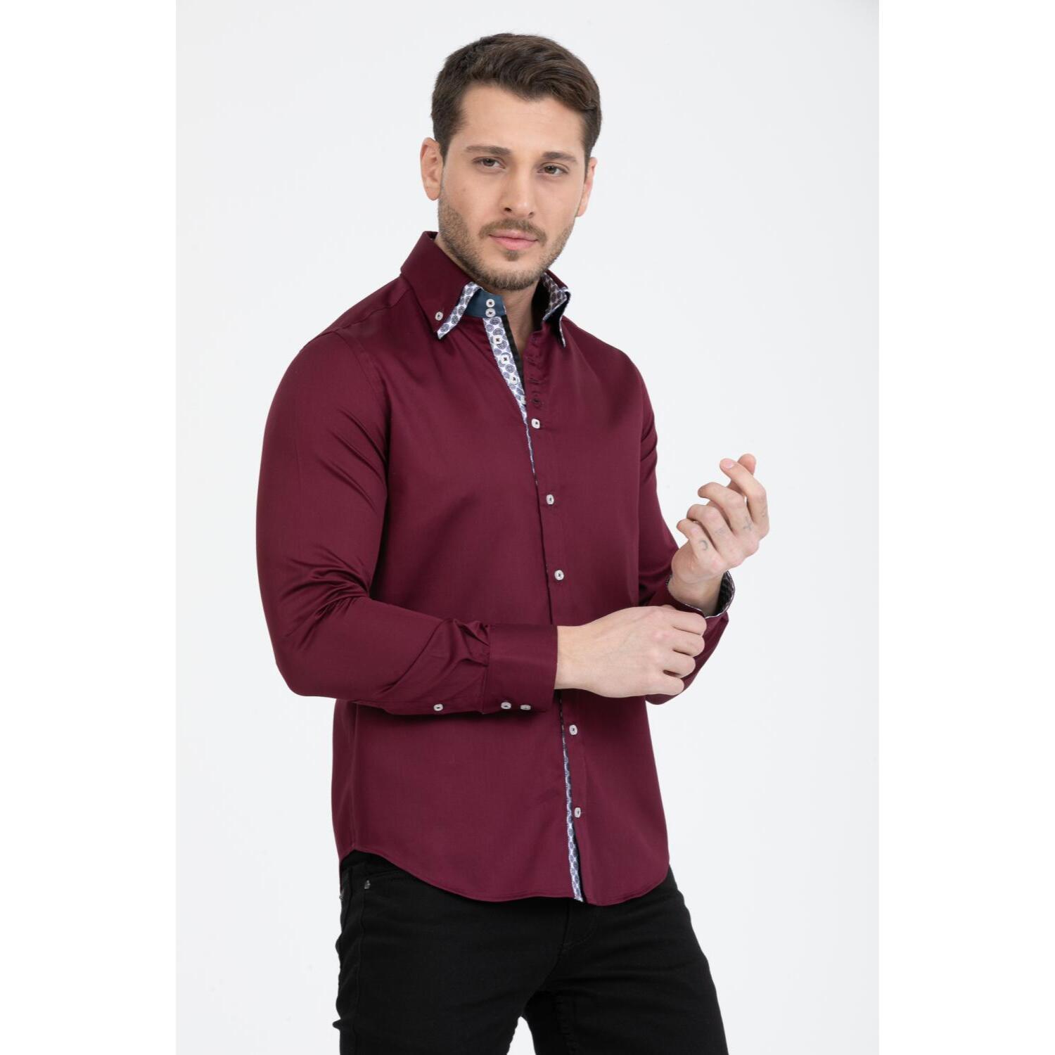 Camicia Uomo 2 Bottoni Button Down 7bottoni Doppio Coll Satin Unito Bordeaux