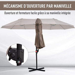 Parasol déporté grande taille XXL inclinable dim. 4,4L x 2,7l x 2,5H m piètement en acier inclus polyester marron