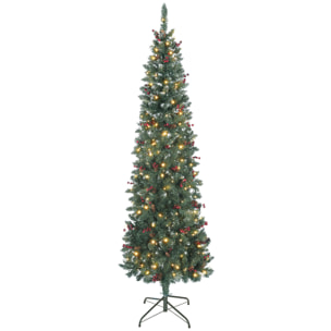 Árbol de Navidad Estrecho 210 cm, Árbol de Navidad con Luces LED, 8 Modos de Iluminación, Ramas con Purpurina Plateada, Piñas, Bayas y Soporte Metálico, Verde