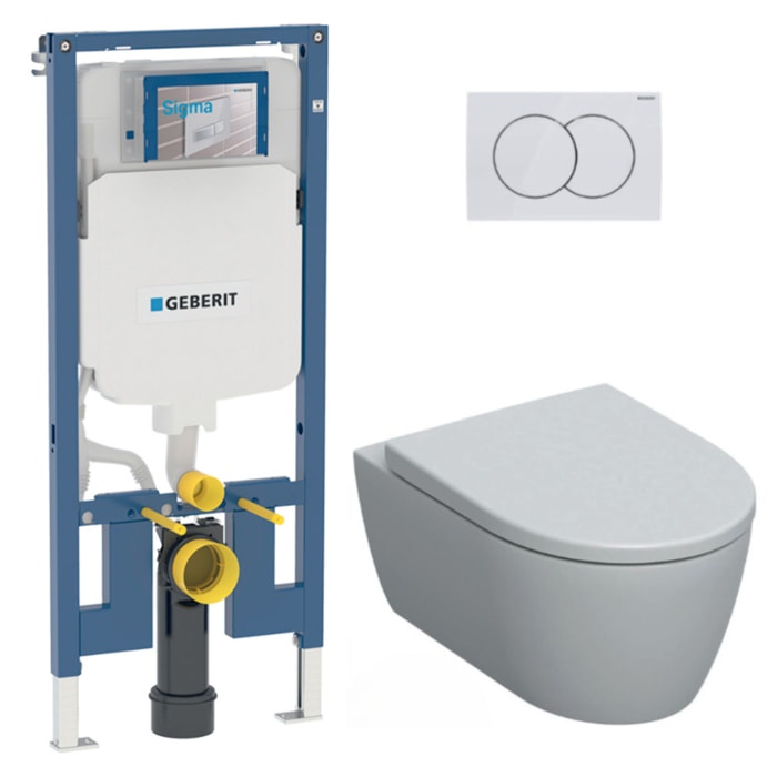 Pack WC Bati-support Geberit Duofix extra-plat + WC sans bride Geberit iCon + Abattant softclose + Plaque blanche (SLIM-iCon-B)