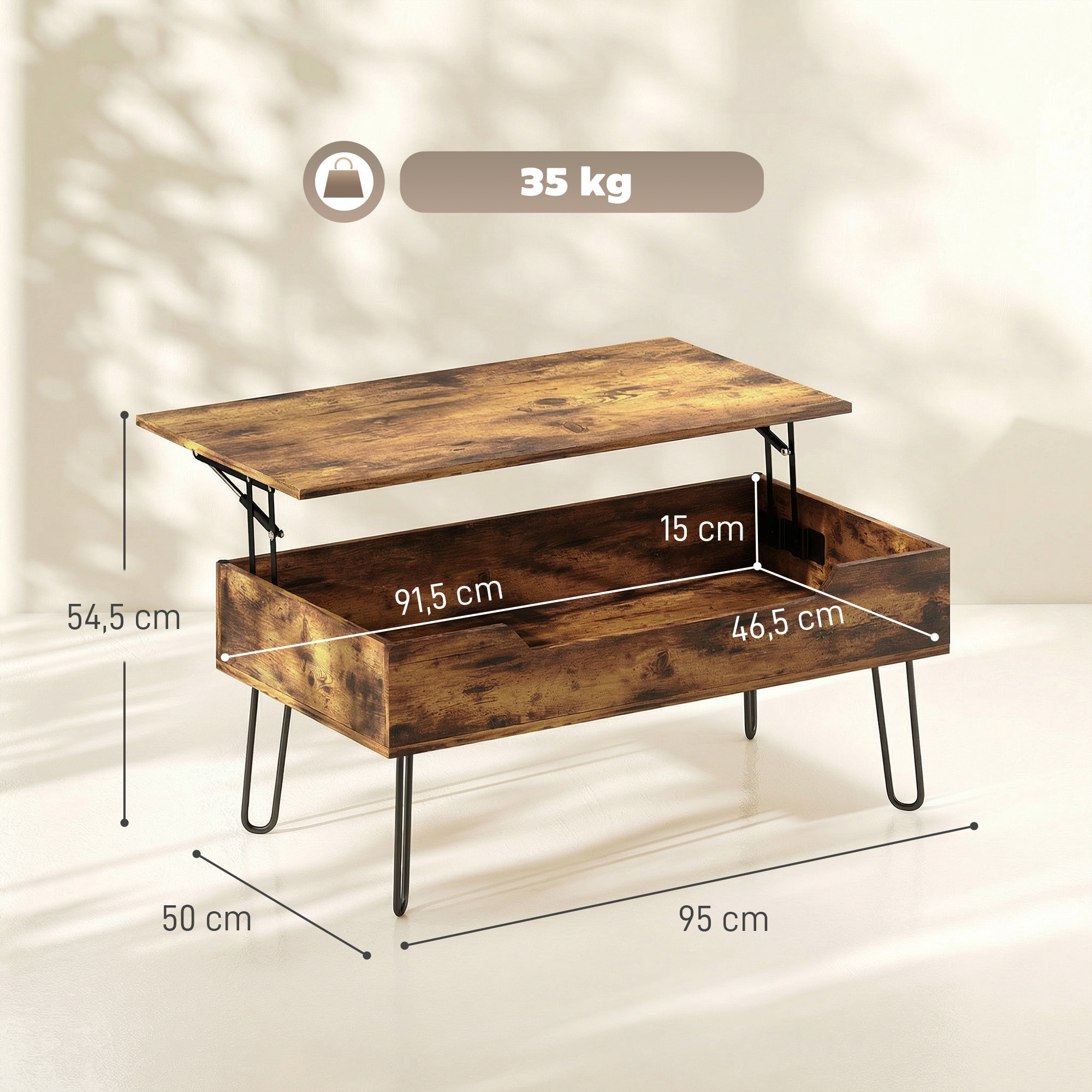 Mesa de Centro Elevable, Mesa de Café para Salón con Compartimento Oculto, Patas de Acero para Sala de Estar, Comedor, 95x50x40 cm, Marrón Rústico