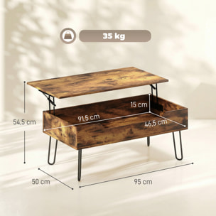 Mesa de Centro Elevable, Mesa de Café para Salón con Compartimento Oculto, Patas de Acero para Sala de Estar, Comedor, 95x50x40 cm, Marrón Rústico