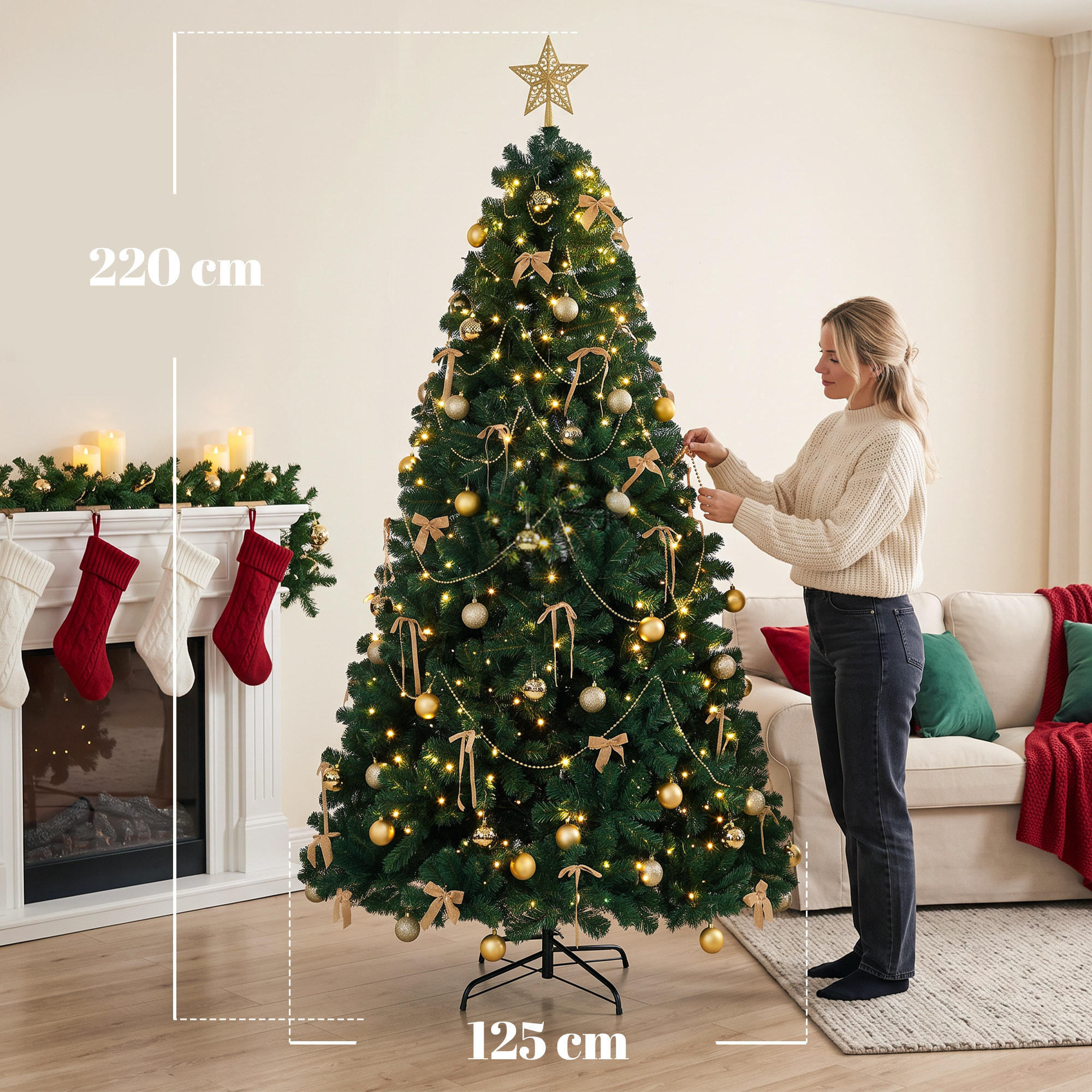 Árbol de Navidad con 296 LED Blanco Cálido, 230 cm, Árbol de Navidad Decorativo, 1405 Ramas Ignífugas, Estrella, 42 Bolas, 30 Lazos y Decoración Dorada, Verde