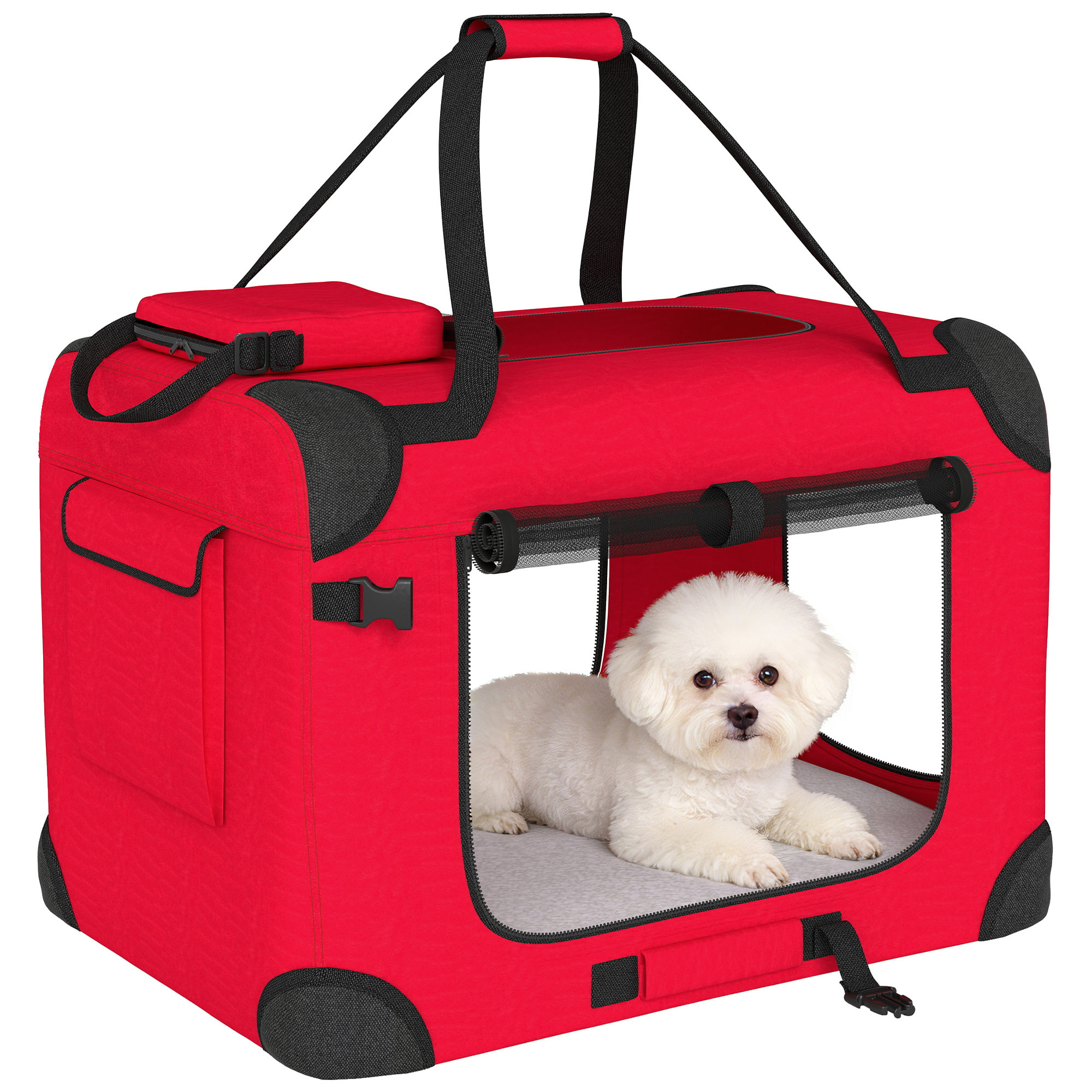 Transportín para Perros Plegable, 60x41,5x41 cm, Transportín para Mascotas con Ventanas de Malla, Cojín Suave, y 2 Asas, Bolsa de Transporte para Mini Perros, Gatos, Rojo