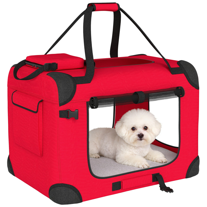 Transportín para Perros Plegable, 60x41,5x41 cm, Transportín para Mascotas con Ventanas de Malla, Cojín Suave, y 2 Asas, Bolsa de Transporte para Mini Perros, Gatos, Rojo