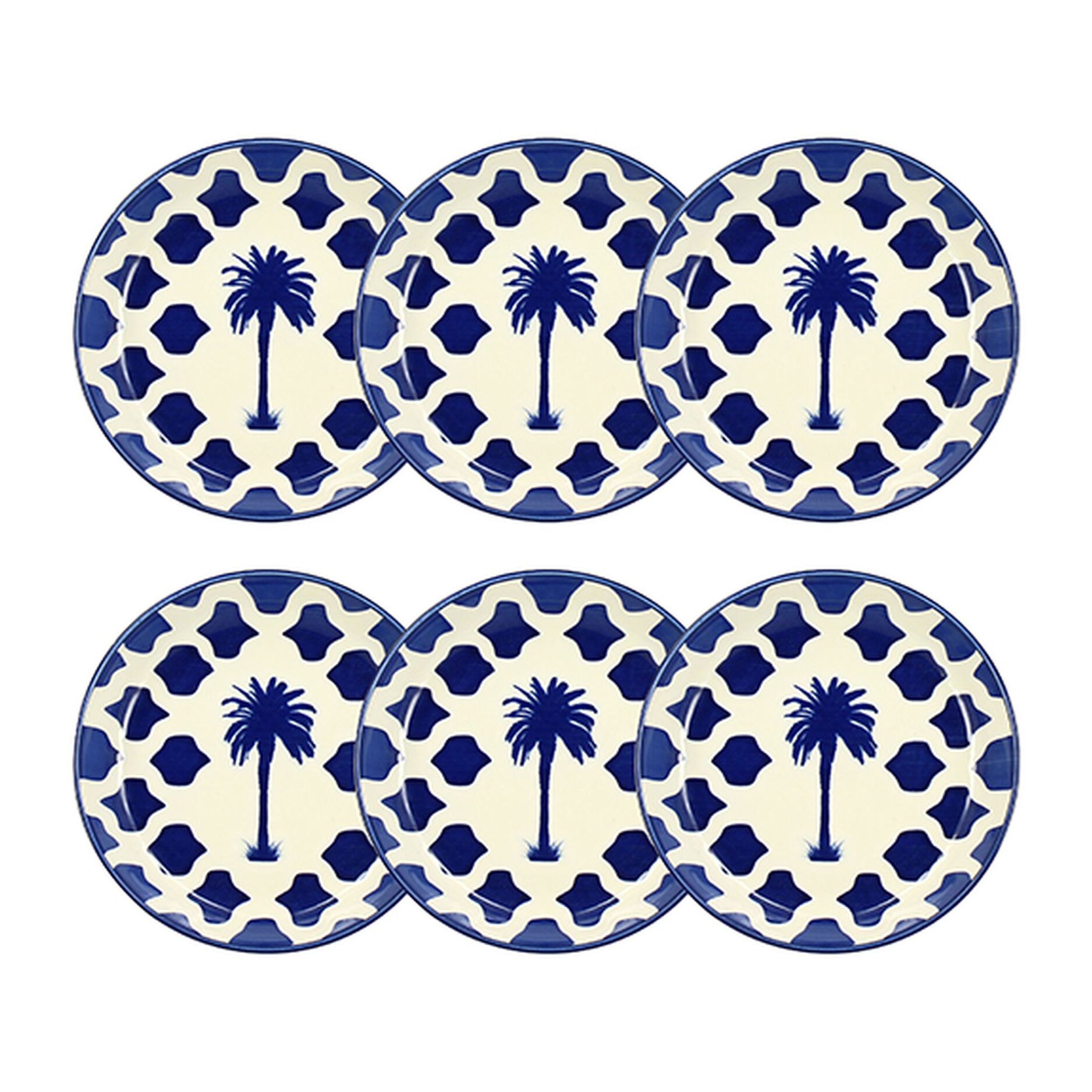Lot de 6 assiettes creuses 20,5cm en grès bleu et blanc PALM BEACH