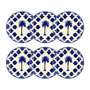 Lot de 6 assiettes creuses 20,5cm en grès bleu et blanc PALM BEACH