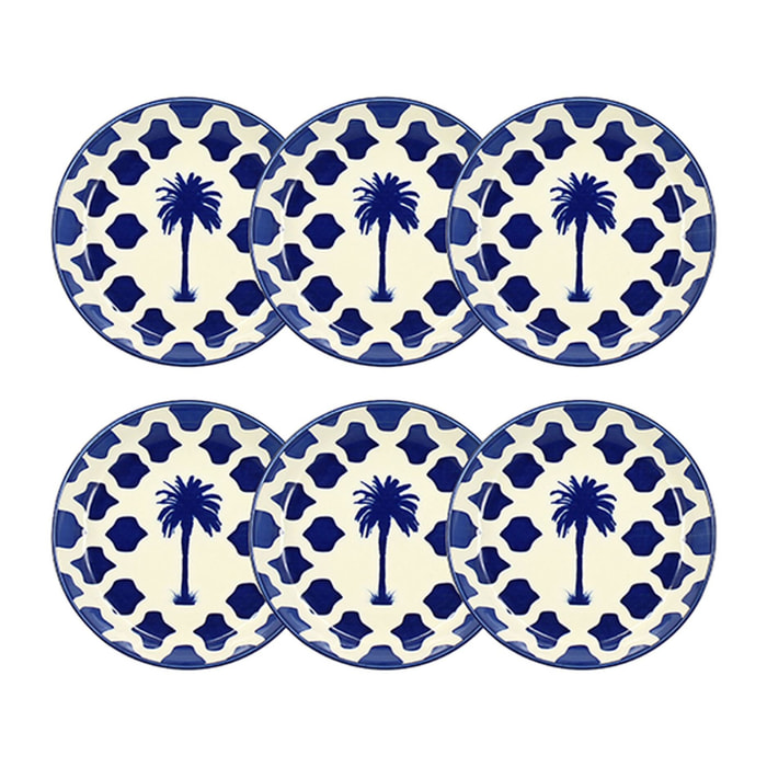 Lot de 6 assiettes creuses 20,5cm en grès bleu et blanc PALM BEACH