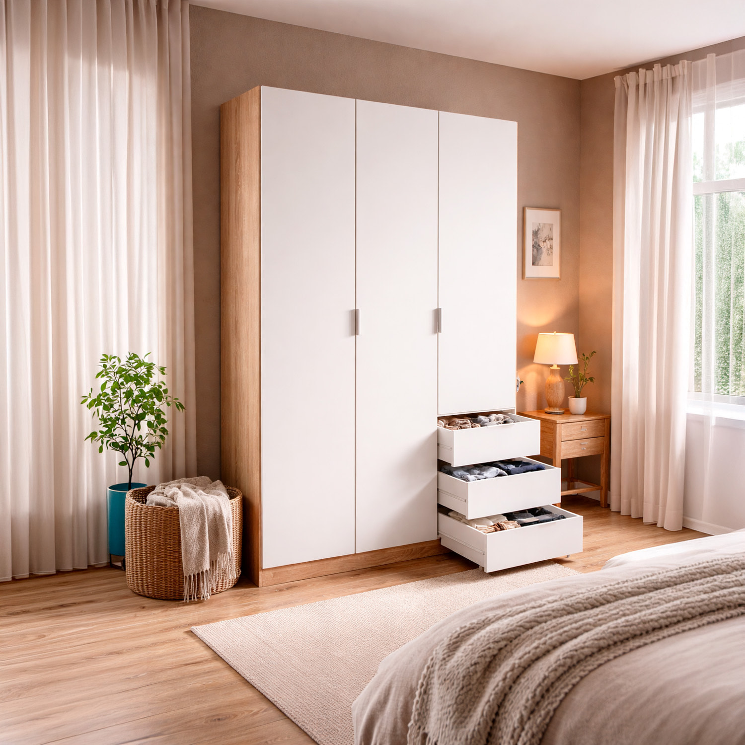 Armadio Guardaroba 3 Ante Con Asta Appendiabiti 3 Ripiani E 3 Cassetti Stile Nordico Salvaspazio Camera Da Letto 121 x 52 x 180 Cm Bianco E Rovere