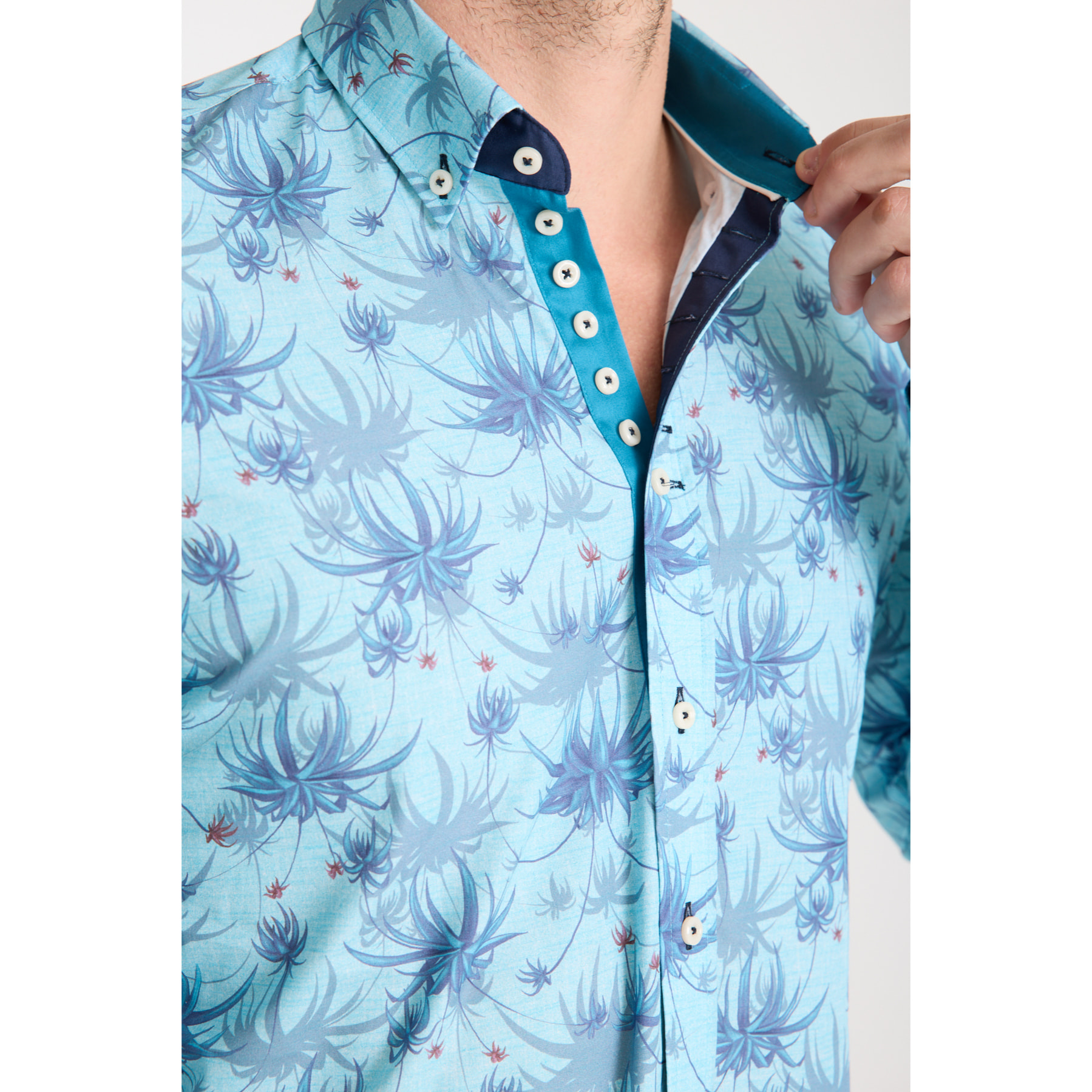 Camicia Uomo 1 Bottoni Button Down Slim Popeline Stampato Turchese/Blu