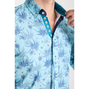 Camicia Uomo 1 Bottoni Button Down Slim Popeline Stampato Turchese/Blu