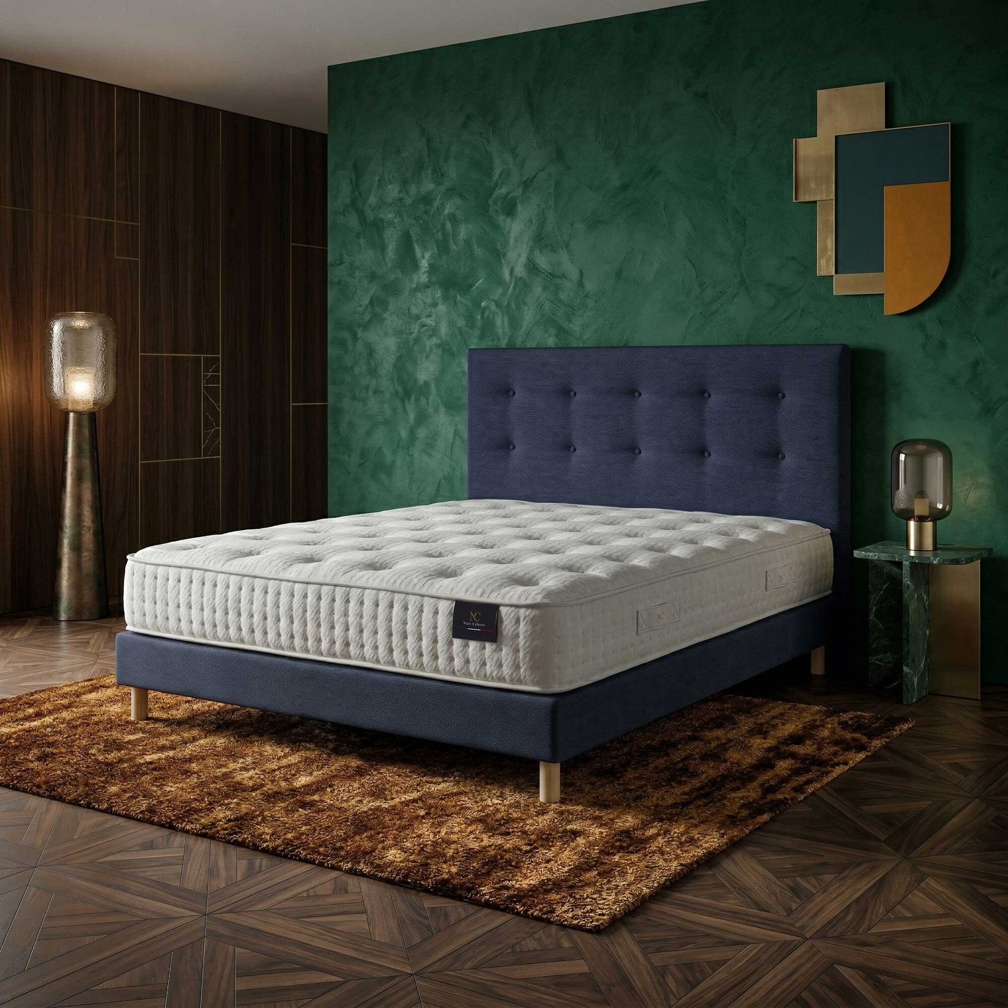 Ensemble matelas ressorts ensachés COMÈTE, H27 cm, sommier et tête de lit bleu