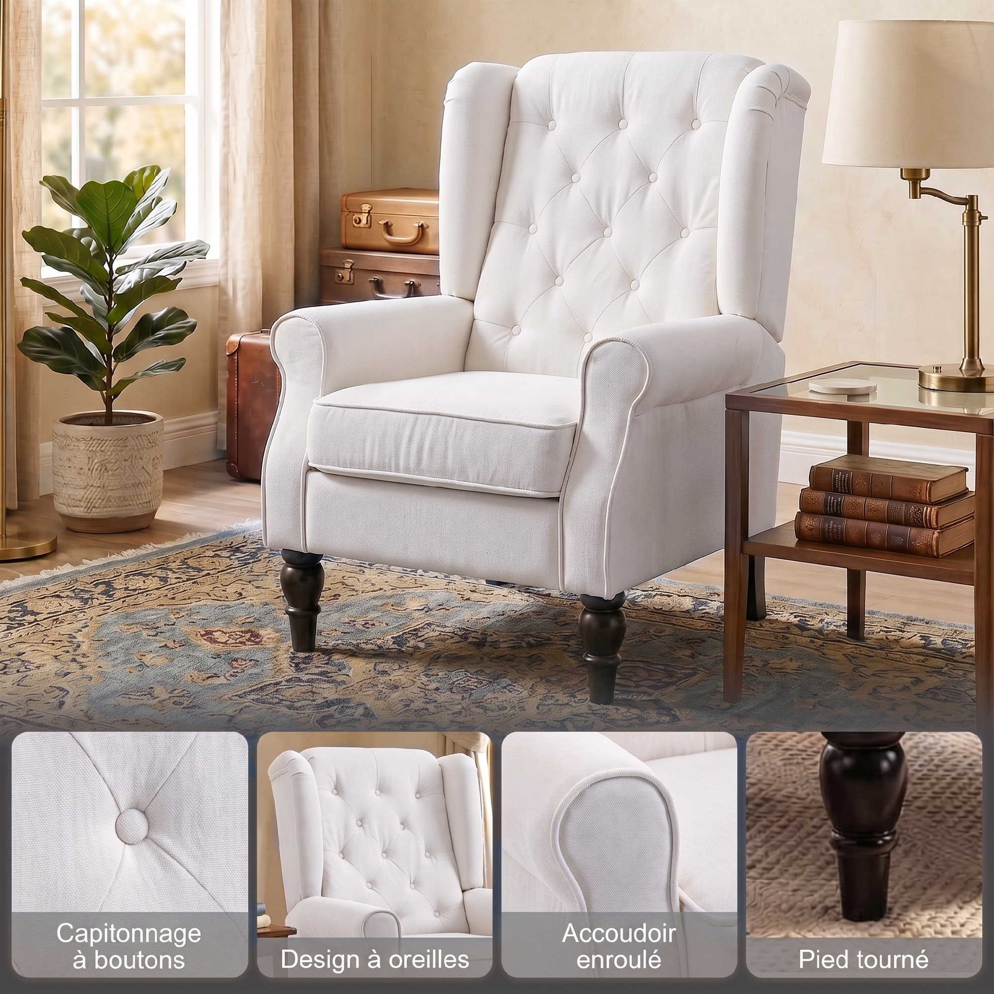 Fauteuil à oreilles style Chesterfield dossier capitonné grand confort bois noir tissu crème