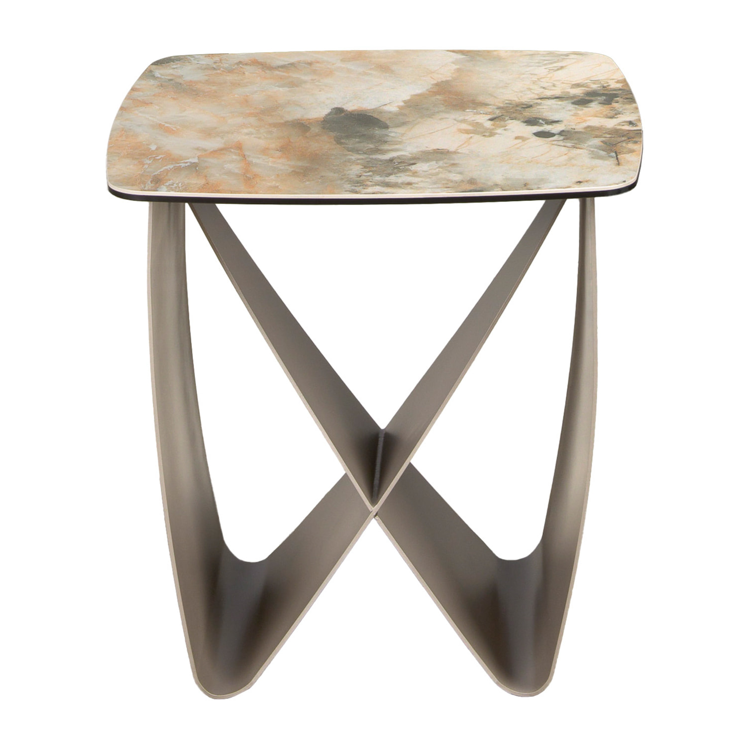 Mesa rincón Angel Cerdá cuadrada con tapa de mármol porcelánico en tonalidades tierra y grises en acabado mate y patas de acero inoxidable en taupé acabado metalizado 50x50x50cm