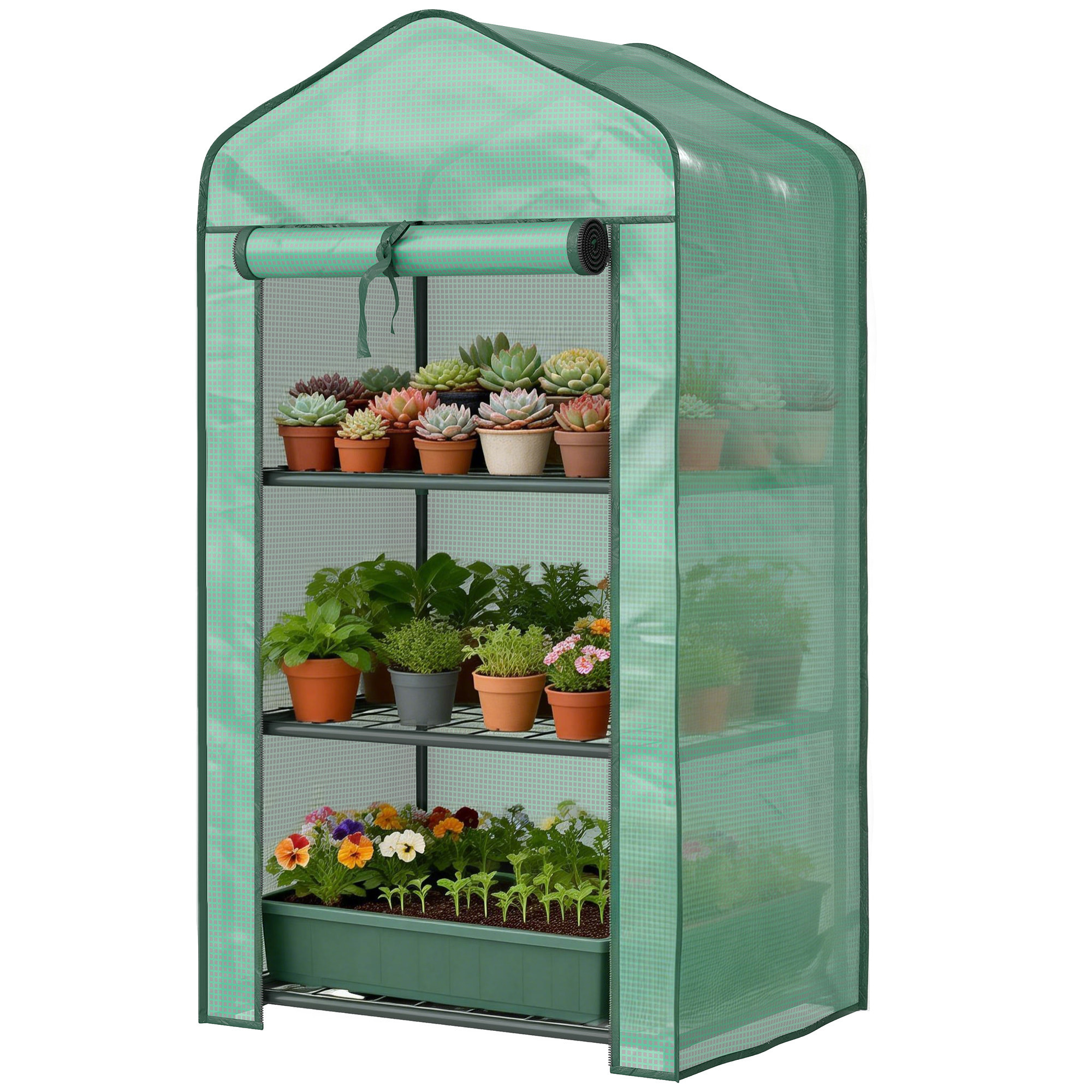 Serre de jardin balcon 3 niveaux métal thermolaqué vert PE vert