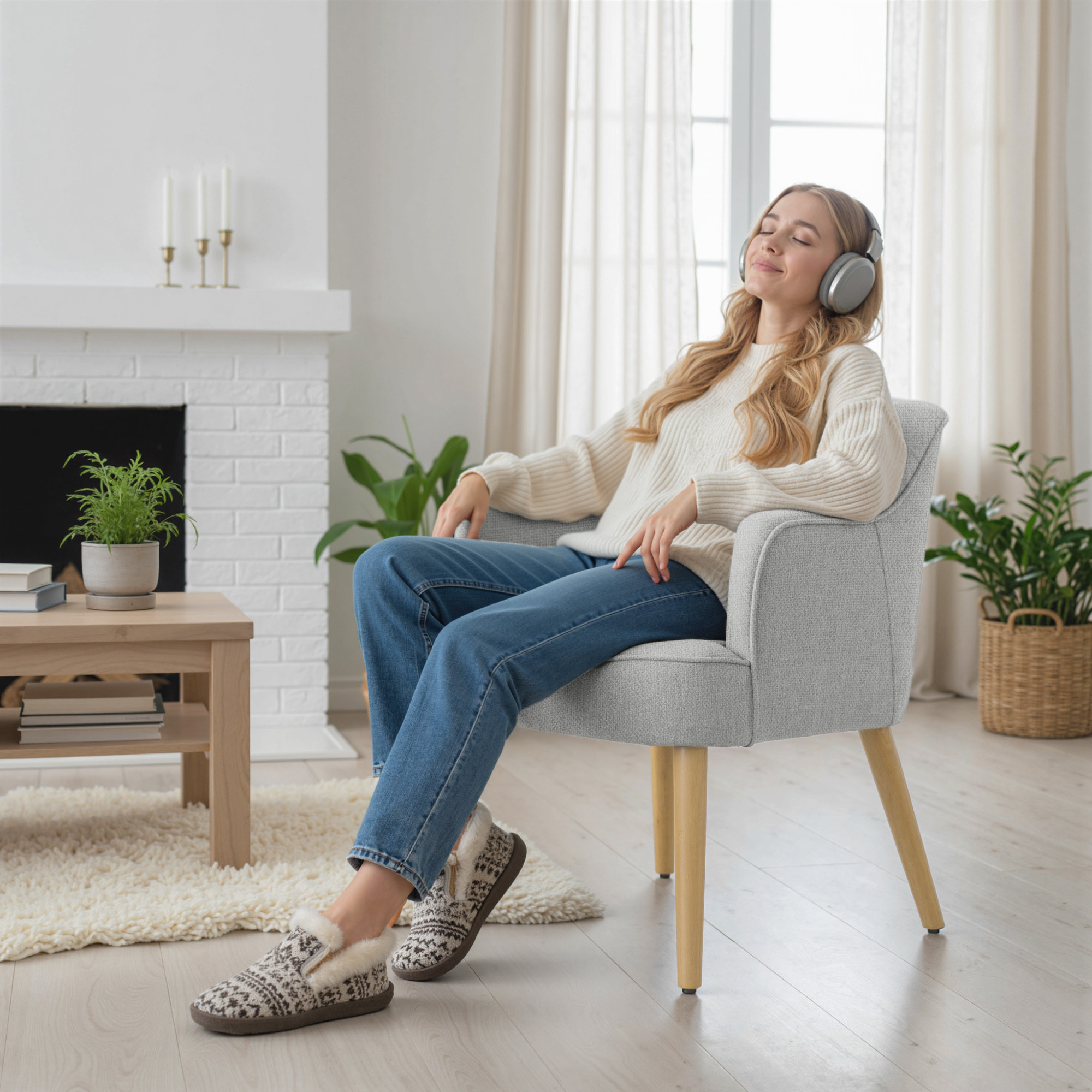 Butaca de Salón Moderna, Sillón Lectura Tapizado en Lino con Patas de Madera, Reposabrazos Acolchado Grueso y Almohadillas Ajustables para Dormitorio, Oficina, Estudio, Carga 120 kg, Gris Claro