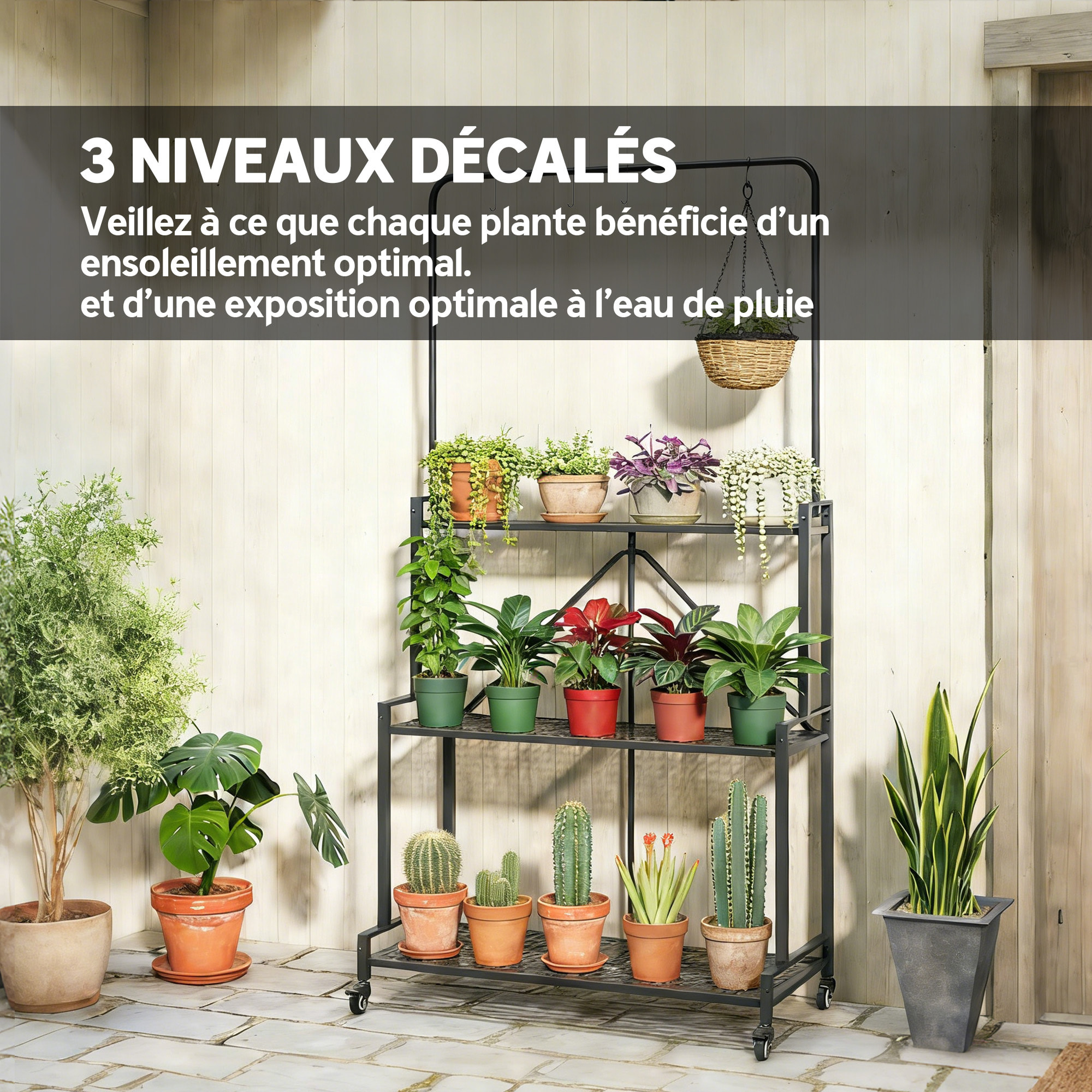 Étagère pour plantes pliable mobile 3 niveaux métal noir
