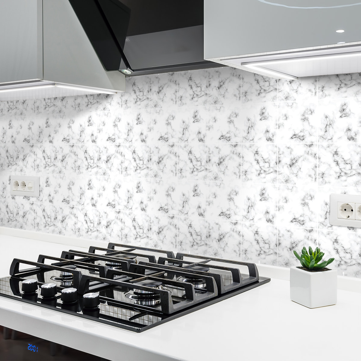 Stickers muraux - Sticker Mural Carrelage adhésif Cuisine Salle de Bain - 24 STICKERS CARRELAGES EFFET MARBRE NOIR ET BLANC