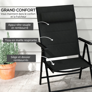 Lot de 2 chaises de jardin pliantes avec accoudoirs alu teslin rembourré déperlant noir