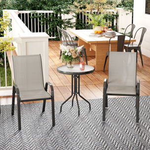 Conjunto de Mesa y Sillas de Terraza Exterior de 3 Piezas, Muebles de Jardín Exterior con Sillas Apilables, Encimera de Vidrio y Estructura de Acero, para Patio, Gris Claro