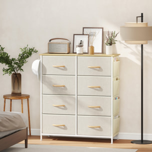 Commode 8 tiroirs en tissu beige 4 poches 2 crochets acier blanc effet bois