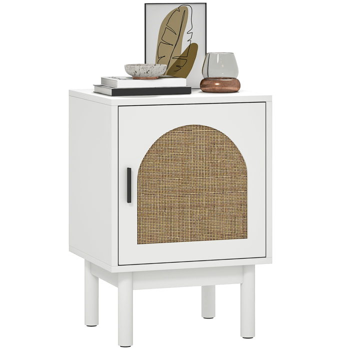 Mesita de Noche Mesilla de Noche con Puerta de Ratán Estante Ajustable y Patas de Madera Estilo Bohemio Mesa Auxiliar para Salón Dormitorio 40x35x58 cm Blanco