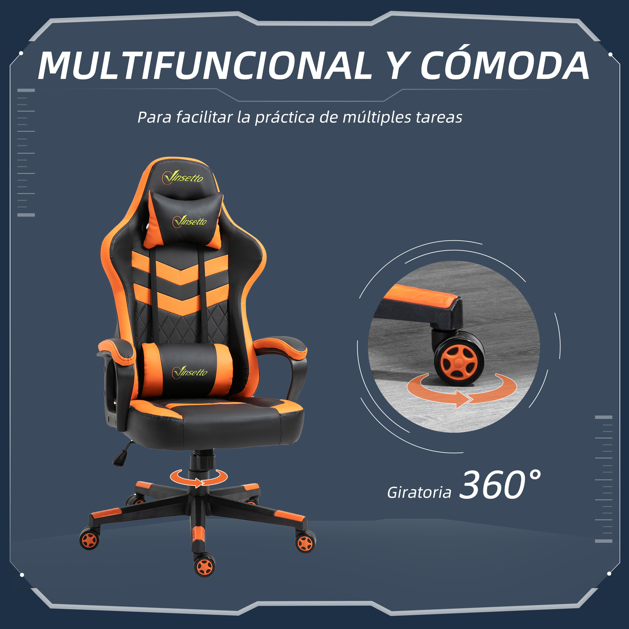 Silla Gaming de Oficina Ergonómica Altura Ajustable Naranja