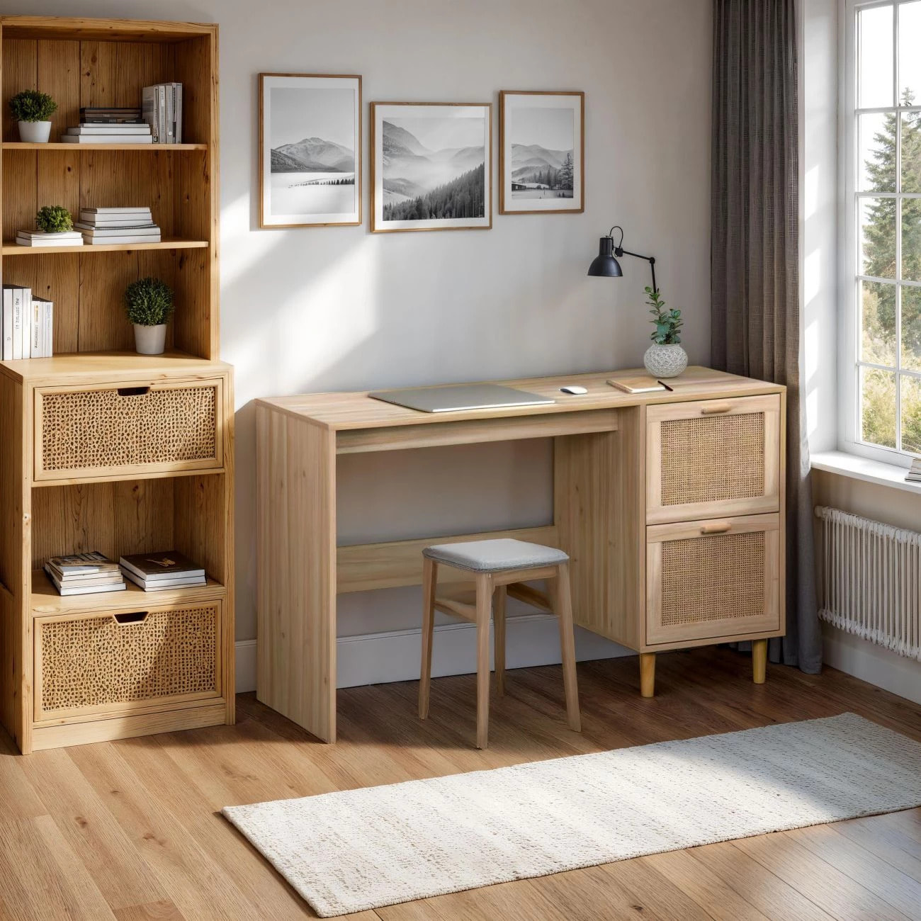 Mesa de escritorio con 2 cajones en pino y rattán 120x48 cm Made Pino - Rattan