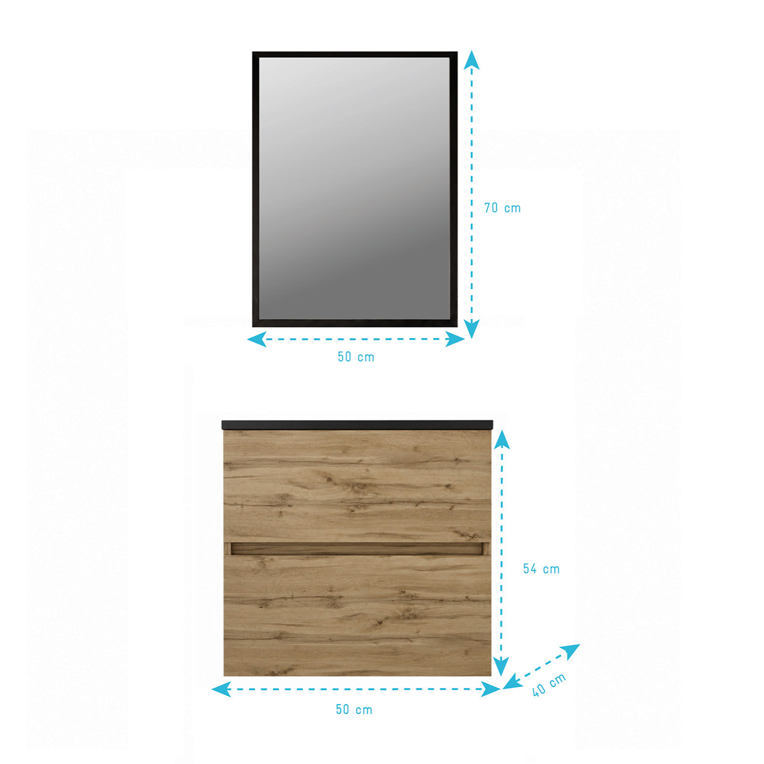 Pack Meuble Salle de Bains 50cm Chêne Naturel 2 Tiroirs, Vasque Noire et Miroir 50x70 à Cadre Noir