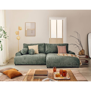 Nelly - canapé d'angle droit 4 places convertible avec coffre en velours texturé - Vert