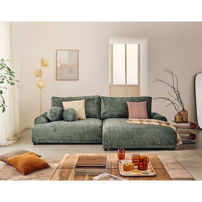Nelly - canapé d'angle droit 4 places convertible avec coffre en velours texturé - Vert