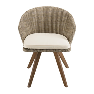 VICK - Chaise de jardin en rotin synthétique couleur naturelle avec coussin écru pieds en bois Acacia