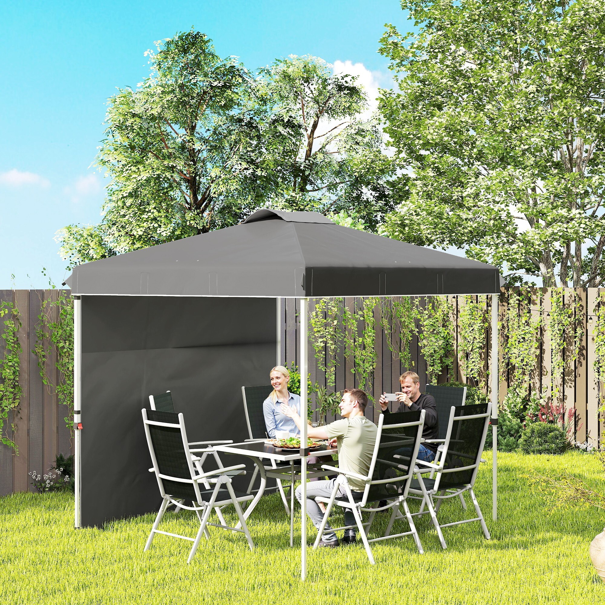 Carpa Plegable 2,5x2,5 m Cenador de Jardín con 1 Pared Lateral Altura Ajustable en 3 Niveles Anti-UV Impermeable y Bolsa de Arena Gazebo para Exterior Camping Fiestas Gris Oscuro