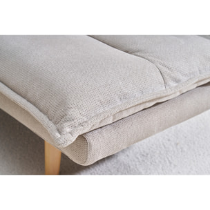 Canapé convertible 3 places en tissu chenille beige et bois clair BINGO
