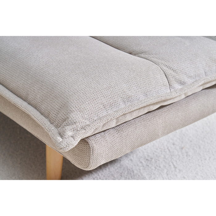 Canapé convertible 3 places en tissu chenille beige et bois clair BINGO