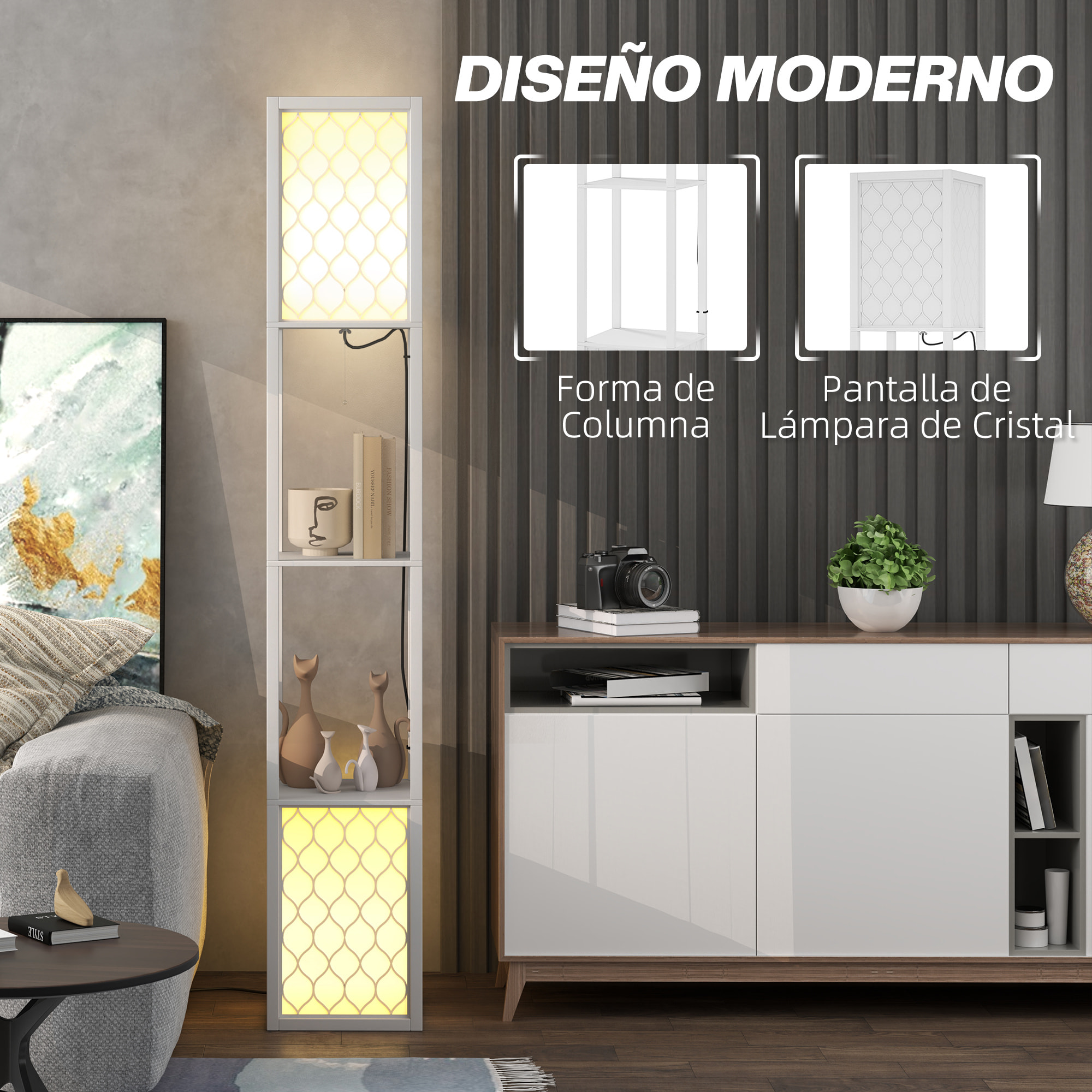 Lámpara de Pie Moderna con Estantes, Lámpara de Pie para Salón Casquillo E27, 40 W, con Pantallas de Tela de Malla e Interruptor de Cadena, para Dormitorio, Oficina y Sala de Estar, Blanco