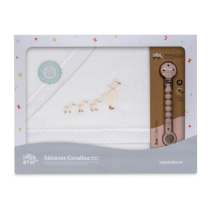 Triptico Cuna Coralina Modelo Patitos + Broche Bco/Rosa