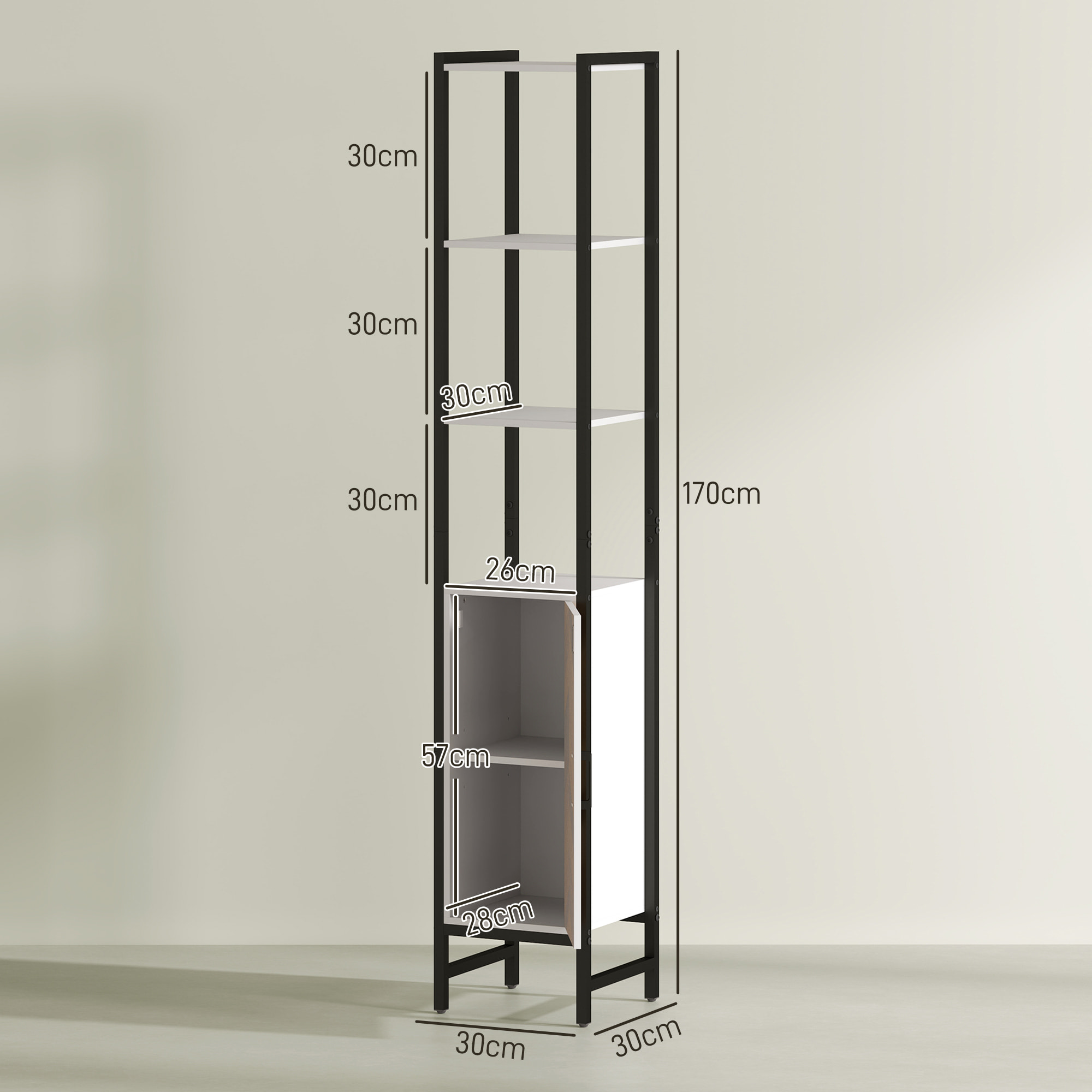 Columna de Baño Armario Alto de Baño con 3 Estantes Abiertos 1 Puerta y Estante Ajustable Mueble Auxiliar de Baño con Sistema Anti-vuelco 30x30x170 cm Blanco y Nogal