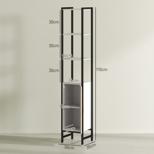 Columna de Baño Armario Alto de Baño con 3 Estantes Abiertos 1 Puerta y Estante Ajustable Mueble Auxiliar de Baño con Sistema Anti-vuelco 30x30x170 cm Blanco y Nogal