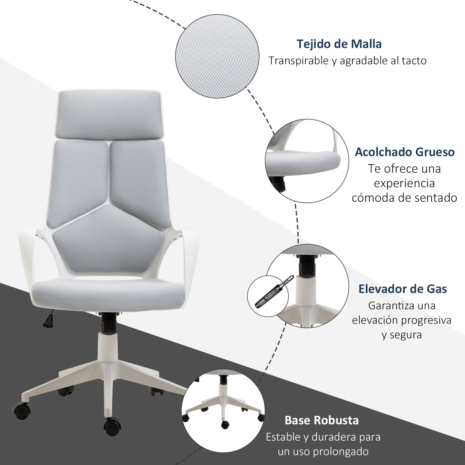 Silla de Oficina Giratoria, Función Basculante, Silla de Escritorio de Malla con Altura Ajustable, Respaldo Alto y Reposabrazos, para Estudio, Dormitorio, Despacho, Carga 120 kg, Gris