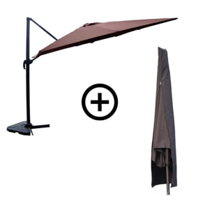 NAVIA Bundle parasol rectangulaire 3x4m déporté rotatif marron aluminium + housse