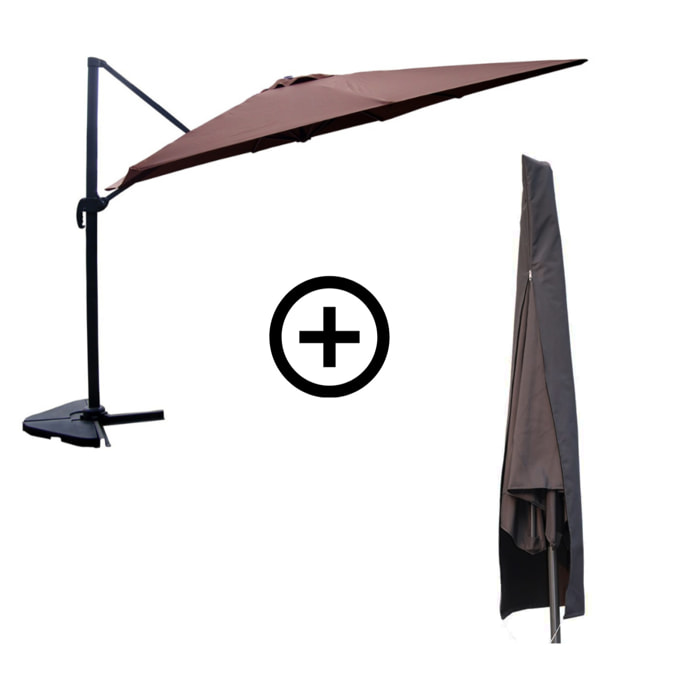 NAVIA Bundle parasol rectangulaire 3x4m déporté rotatif marron aluminium + housse