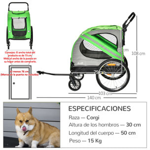 Remolque de Bicicleta Perros 2 en 1 Carrito Transporte para Mascotas con Puertas Enrollables Ventanas Cinturón de Seguridad Bandera y 6 Reflectores 140x72,5x108 cm Verde