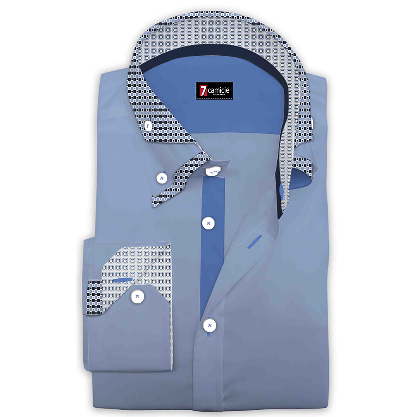 Camicia Uomo 2 Bottoni Button Down Triplo Collo Slim Satin Unito Celeste
