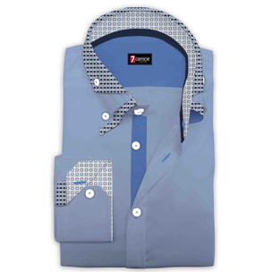 Camicia Uomo 2 Bottoni Button Down Triplo Collo Slim Satin Unito Celeste