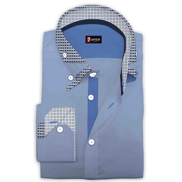 Camicia Uomo 2 Bottoni Button Down Triplo Collo Slim Satin Unito Celeste