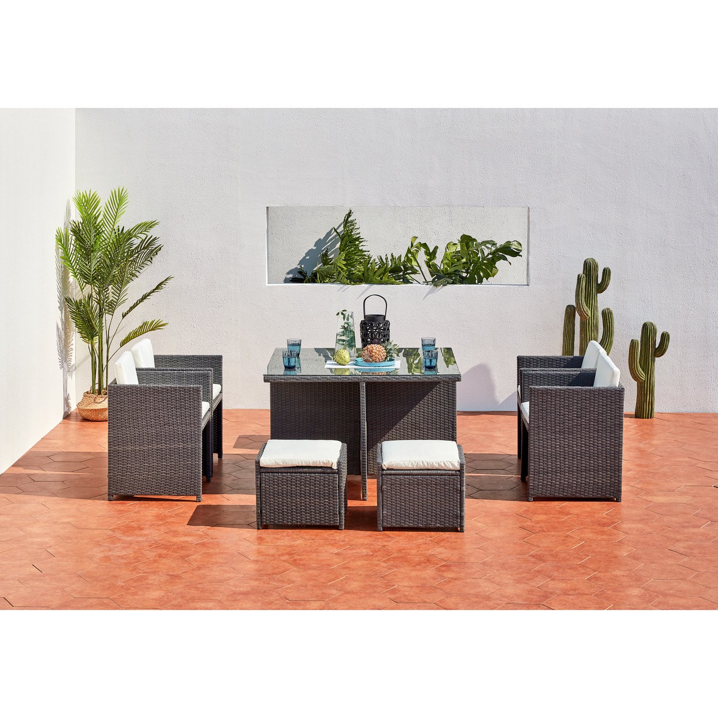 Table et chaises 8 places encastrables en résine gris-blanc REGINA
