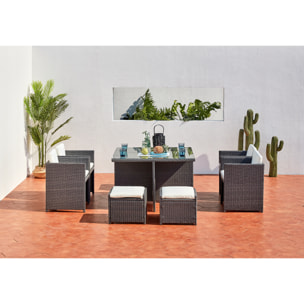 Table et chaises 8 places encastrables en résine gris-blanc REGINA
