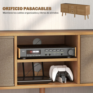 Mueble de TV, Mesa de TV con 2 Cajones de Tela, 2 Estantes Abiertos, Orificios para Cables, para Televisores hasta 50 Pulgadas, Largo de 110 cm, para Salón, Dormitorio, Madera y Marrón